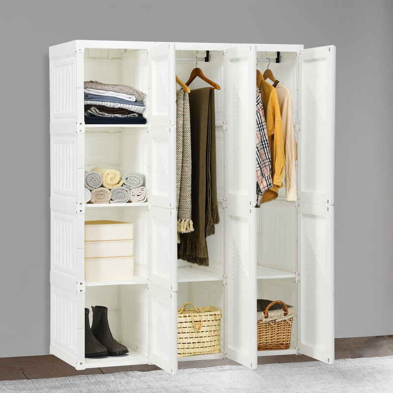Foldable Closet Clothes Organizer with 8 Cubby Storage, Portable Wardrobe Cabinet with Hanging Rods & Magnet Doors