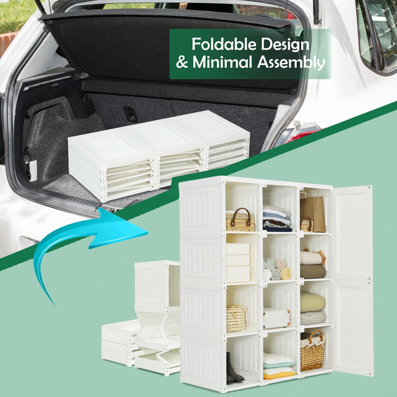 Clothes Foldable Armoire Wardrobe Closet with 12 Cubby Storage, Portable Collapsible Organizer with Hanging Rods for Bed
