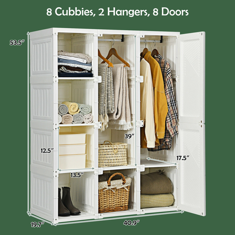 Foldable Closet Clothes Organizer with 8 Cubby Storage, Portable Wardrobe Cabinet with Hanging Rods & Magnet Doors
