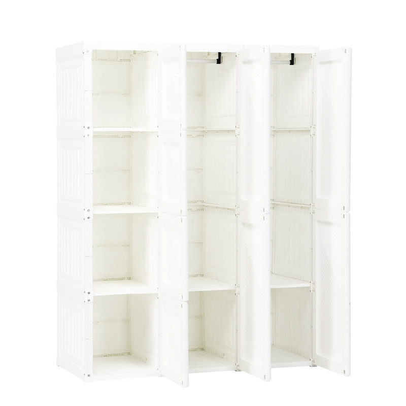 Foldable Closet Clothes Organizer with 8 Cubby Storage, Portable Wardrobe Cabinet with Hanging Rods & Magnet Doors