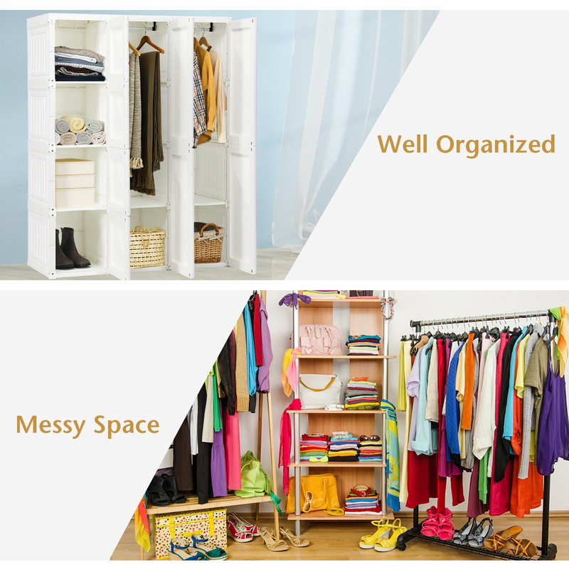 Foldable Closet Clothes Organizer with 8 Cubby Storage, Portable Wardrobe Cabinet with Hanging Rods & Magnet Doors
