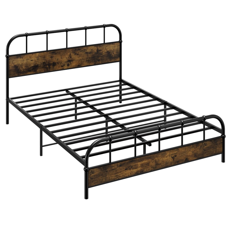Queen Size Industrial Metal Platform Bed Frame with Headboard Mattress Foundation, Coffee, Heavy Duty Noise-Free