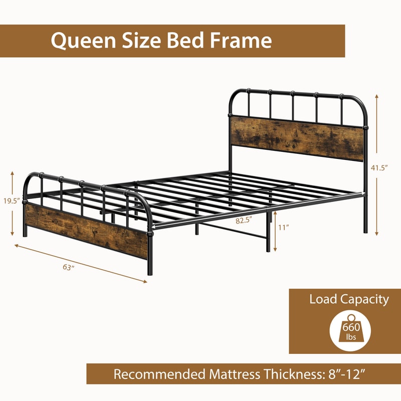 Queen Size Industrial Metal Platform Bed Frame with Headboard Mattress Foundation, Coffee, Heavy Duty Noise-Free