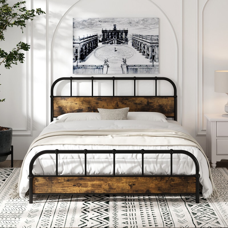 Queen Size Industrial Metal Platform Bed Frame with Headboard Mattress Foundation, Coffee, Heavy Duty Noise-Free