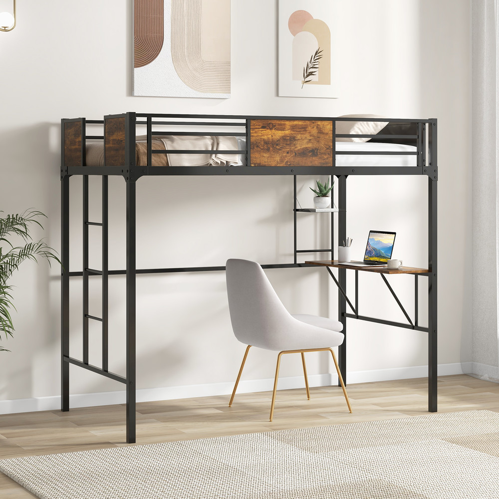 Twin Size Industrial Metal Loft Bed with Storage Shelf & Built-In Ladder, Space-Saving Design for Kids, Teens, Dorms