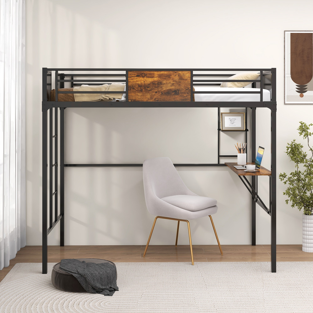 Twin Size Industrial Metal Loft Bed with Storage Shelf & Built-In Ladder, Space-Saving Design for Kids, Teens, Dorms