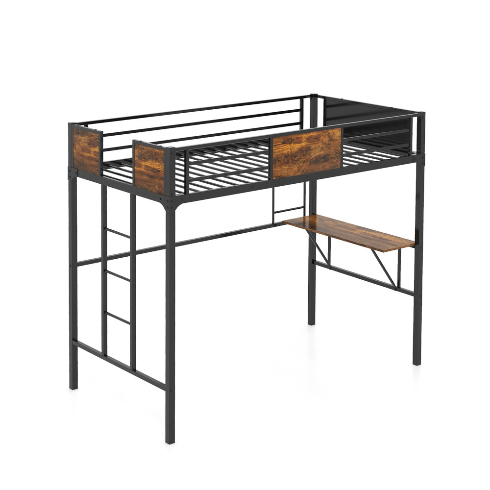 Twin Size Industrial Metal Loft Bed with Storage Shelf & Built-In Ladder, Space-Saving Design for Kids, Teens, Dorms