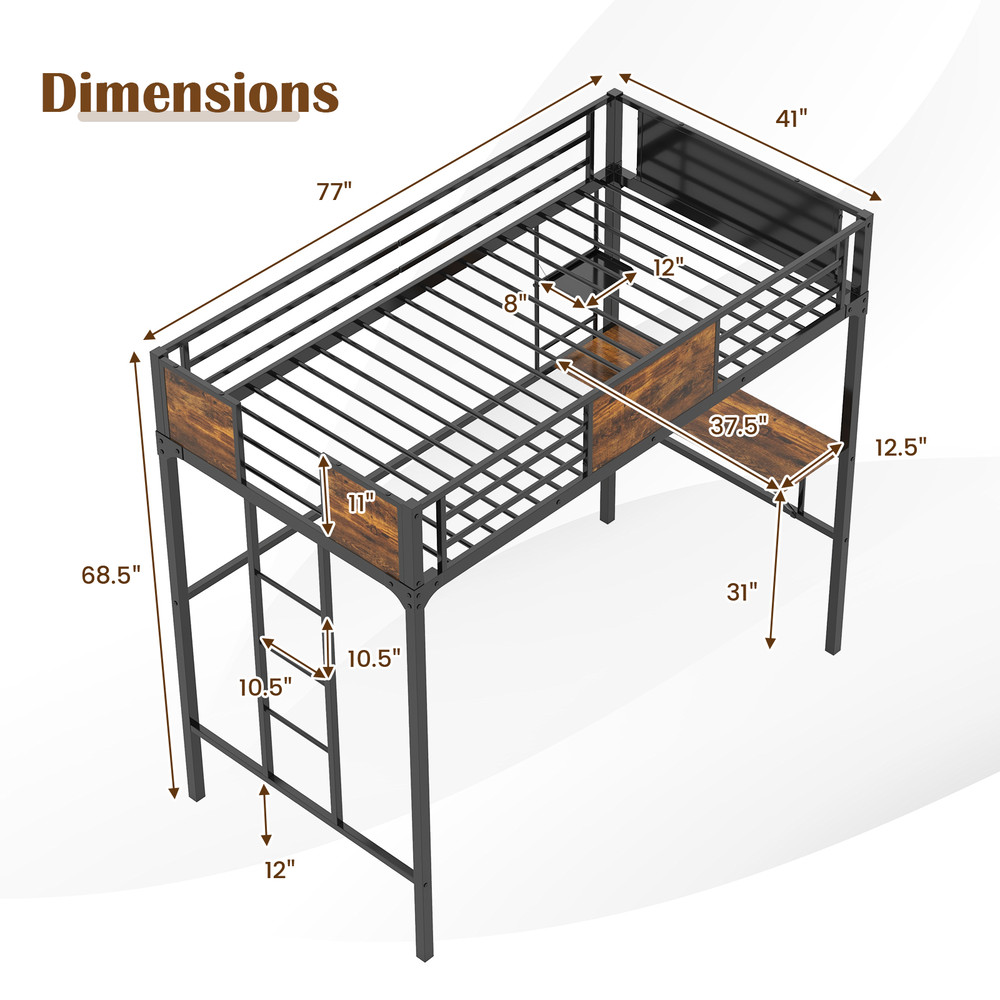 Twin Size Industrial Metal Loft Bed with Storage Shelf & Built-In Ladder, Space-Saving Design for Kids, Teens, Dorms