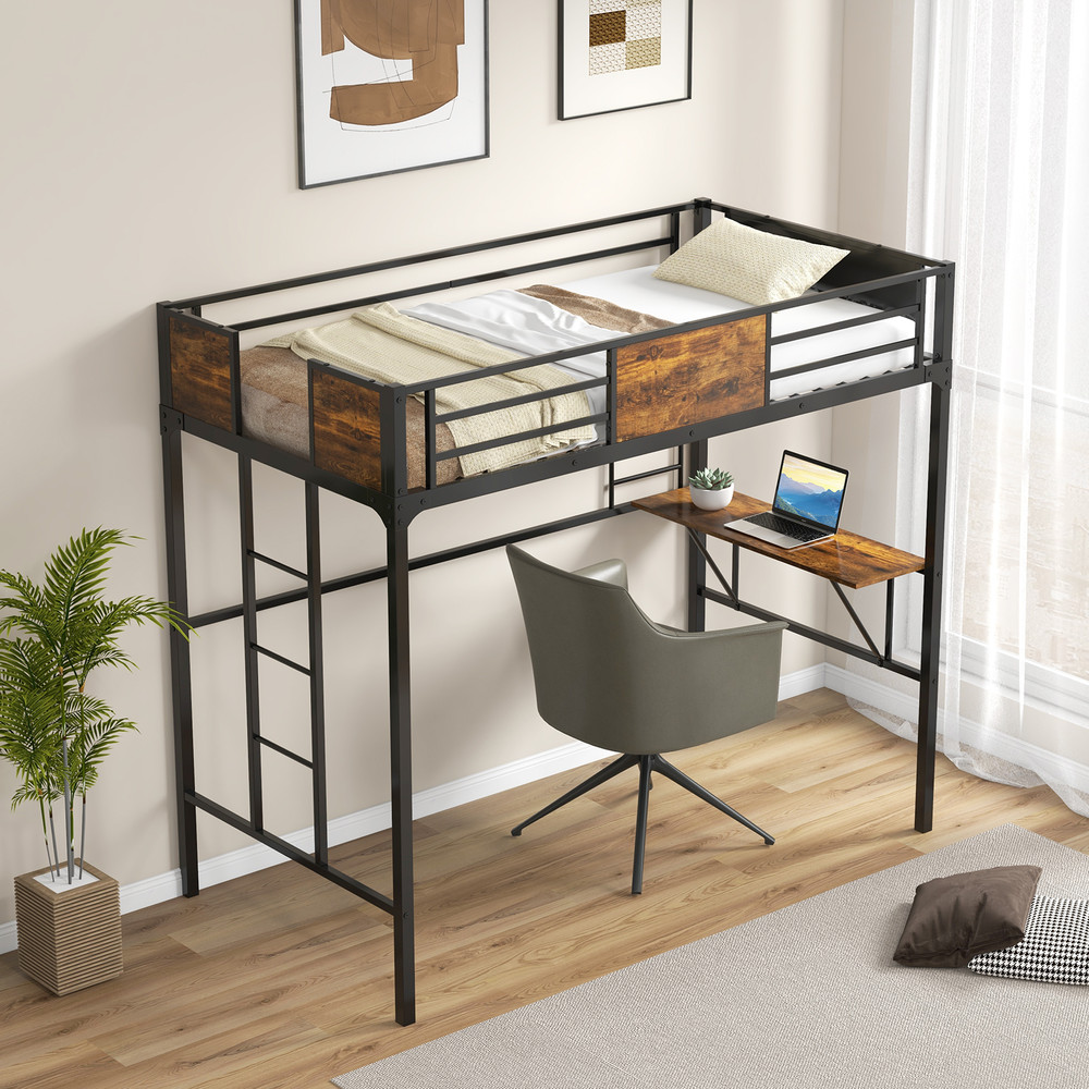 Twin Size Industrial Metal Loft Bed with Storage Shelf & Built-In Ladder, Space-Saving Design for Kids, Teens, Dorms