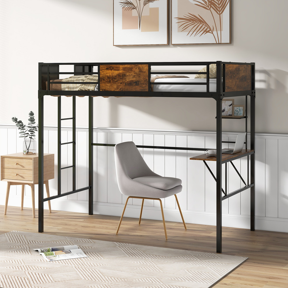 Twin Size Industrial Metal Loft Bed with Storage Shelf & Built-In Ladder, Space-Saving Design for Kids, Teens, Dorms