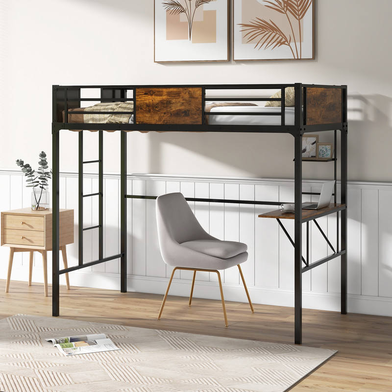Twin Size Industrial Metal Loft Bed with Storage Shelf & Built-In Ladder, Space-Saving Design for Kids, Teens, Dorms