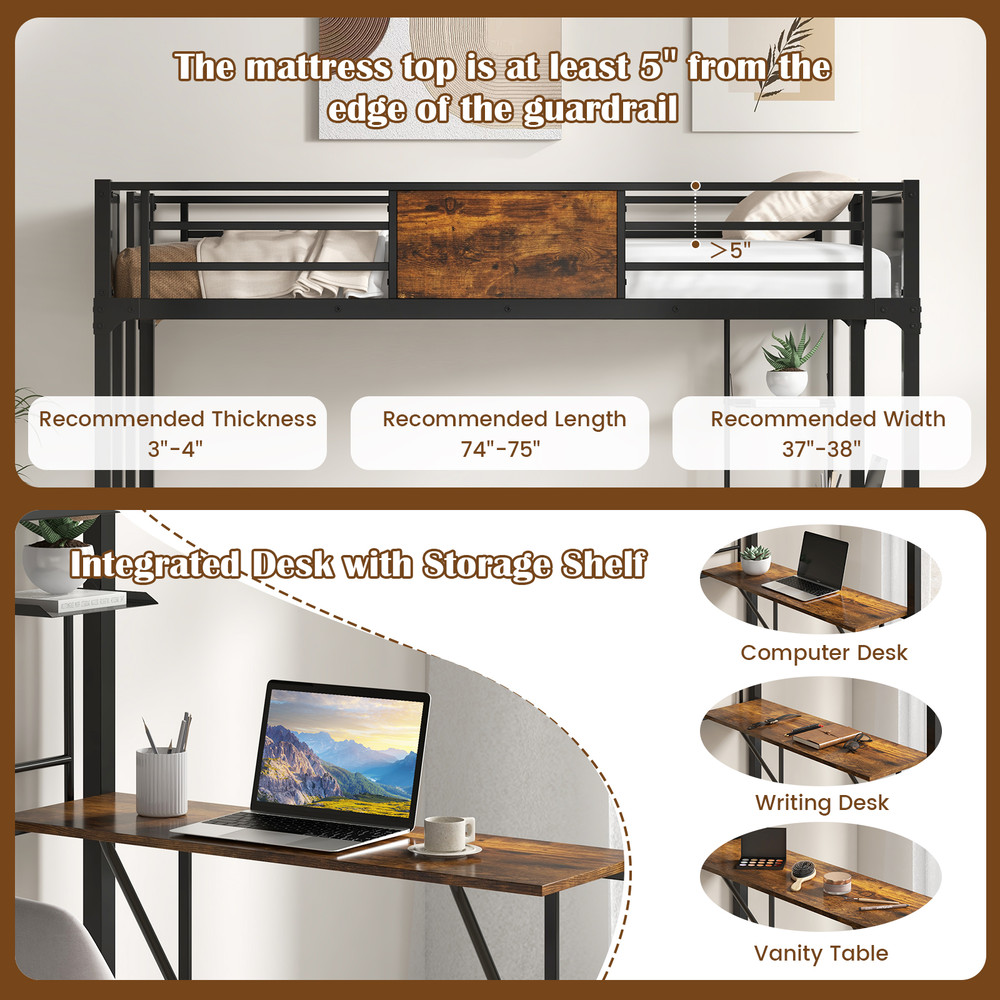 Twin Size Industrial Metal Loft Bed with Storage Shelf & Built-In Ladder, Space-Saving Design for Kids, Teens, Dorms