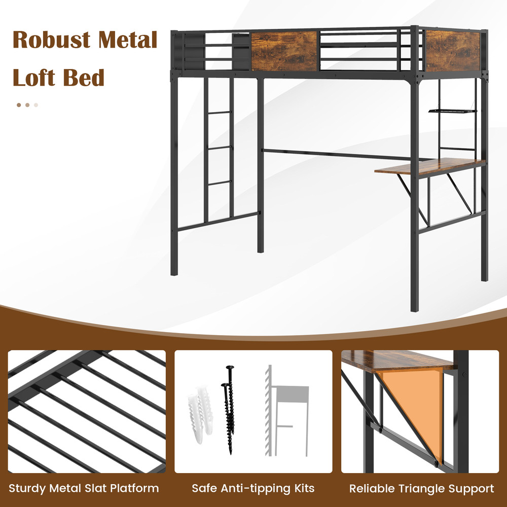 Twin Size Industrial Metal Loft Bed with Storage Shelf & Built-In Ladder, Space-Saving Design for Kids, Teens, Dorms