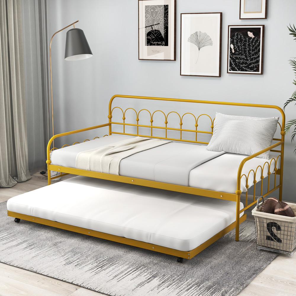 Twin Size Golden Metal Daybed with Trundle and Lockable Wheels, Convertible Sofa Bed for Guest Room, Living Room