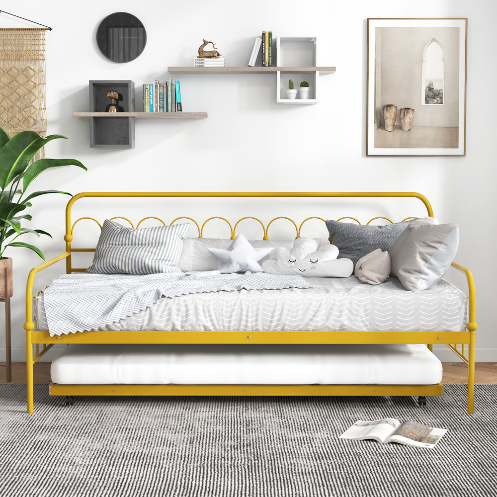 Twin Size Golden Metal Daybed with Trundle and Lockable Wheels, Convertible Sofa Bed for Guest Room, Living Room