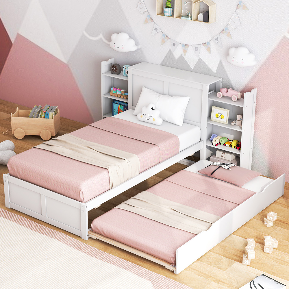 Twin Full Kids Wooden Platform Bed With Trundle Storage Headboard Mobile Bookshelves SpaceSaving C 1