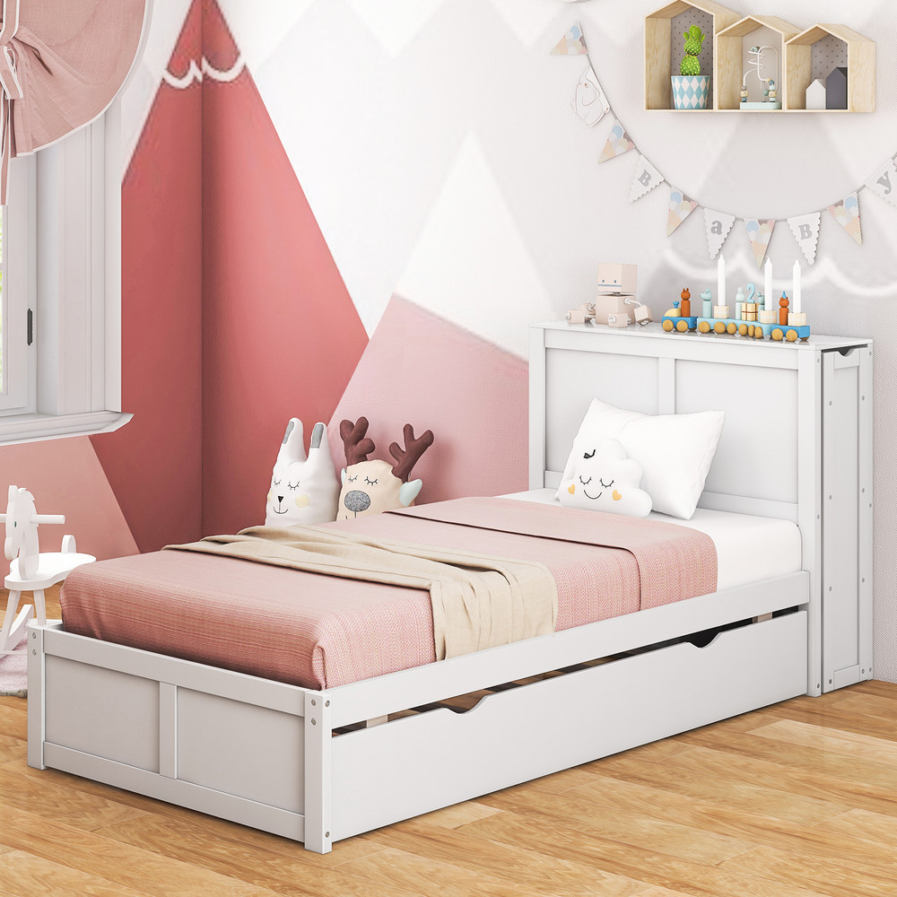 Twin Full Kids Wooden Platform Bed With Trundle Storage Headboard Mobile Bookshelves SpaceSaving C 2