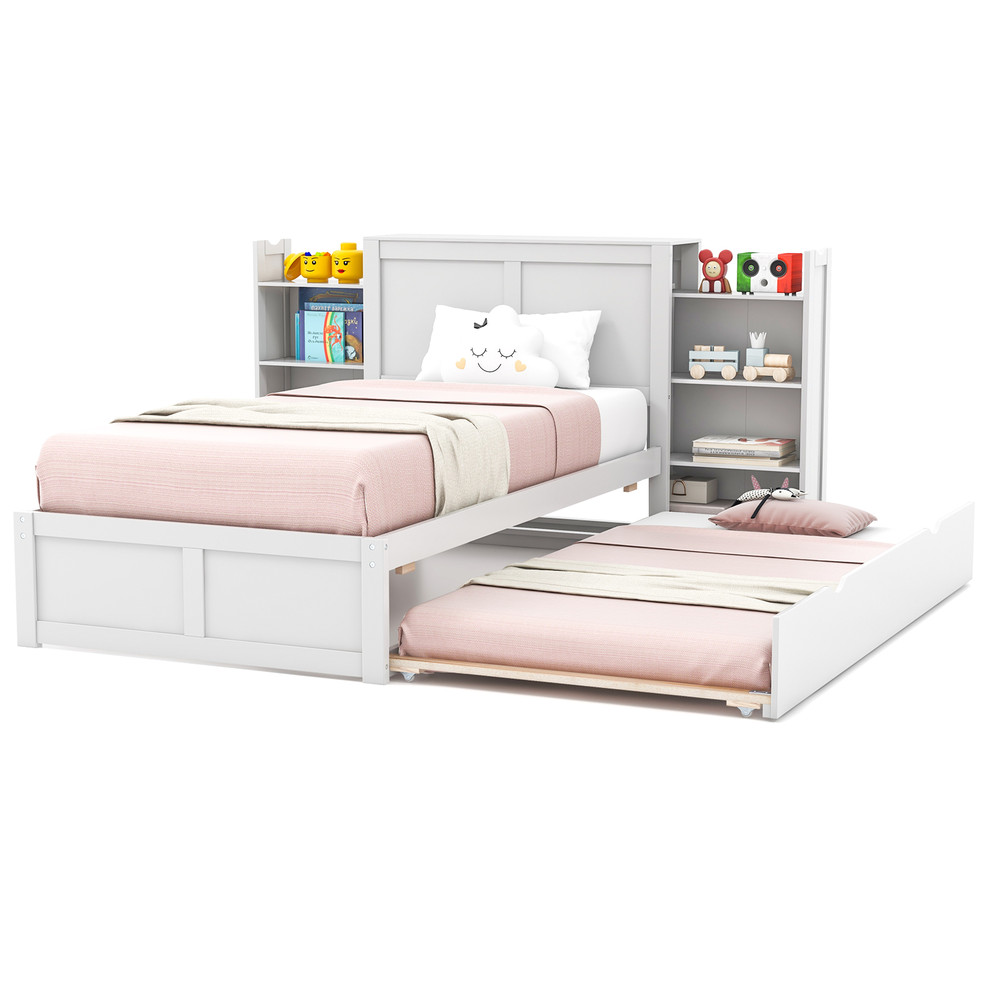Twin Full Kids Wooden Platform Bed With Trundle Storage Headboard Mobile Bookshelves SpaceSaving C 3