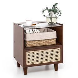 modern bamboo rattan nightstand with drawer and cable storage, solid wood bedside table for rustic or boho bedroom decor