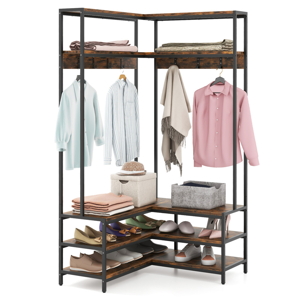 Corner Garment Rack With Open Shelves And Hooks Entryway Clothes Organizer With Shoe Bench For Smal 0