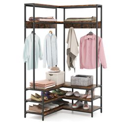 corner garment rack with open shelves and hooks, entryway clothes organizer with shoe bench for small spaces