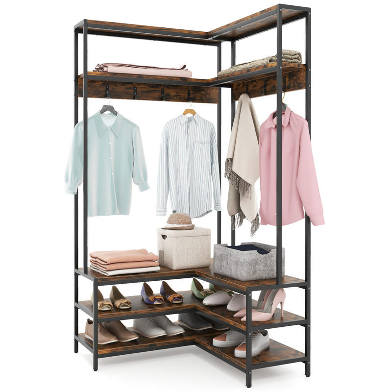 Corner Garment Rack With Open Shelves And Hooks Entryway Clothes Organizer With Shoe Bench For Smal 6