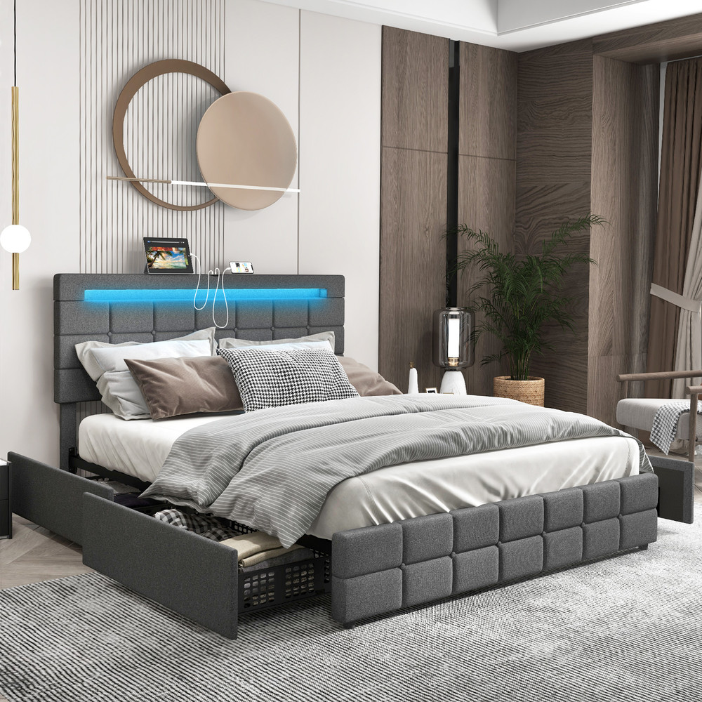 Modern Upholstered Queen LED Bed Frame With Drawers And Headboard Storage Platform Bed With Lights 1