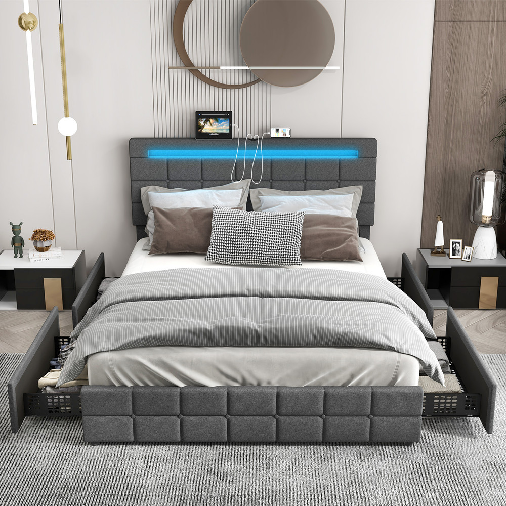 Modern Upholstered Queen LED Bed Frame With Drawers And Headboard Storage Platform Bed With Lights 2