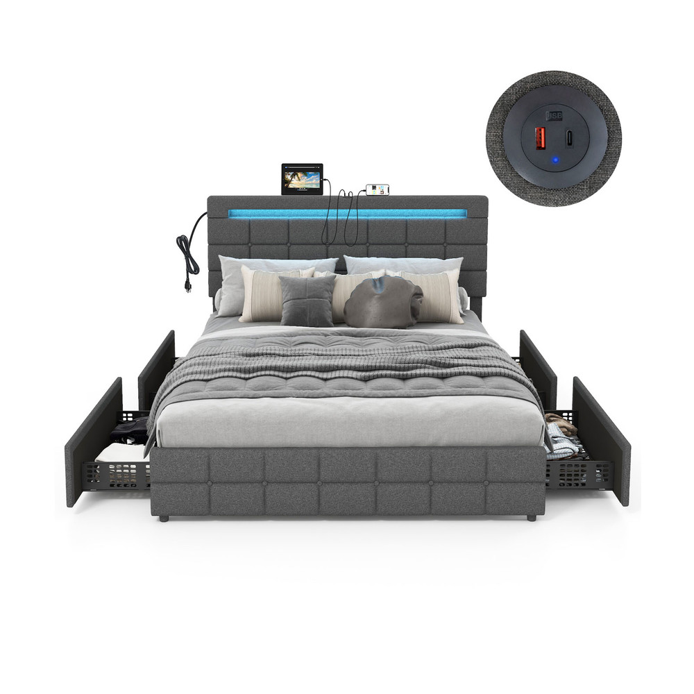 Modern Upholstered Queen LED Bed Frame With Drawers And Headboard Storage Platform Bed With Lights 0