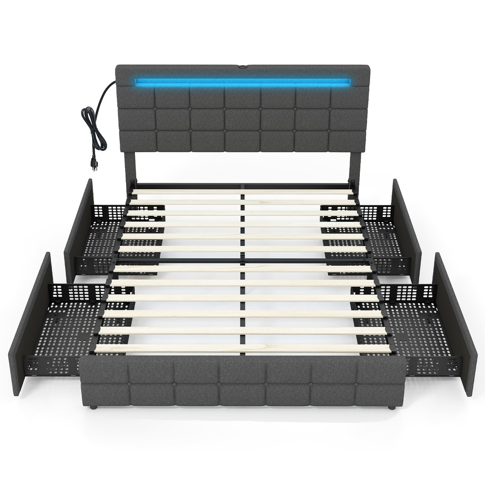 Modern Upholstered Queen LED Bed Frame With Drawers And Headboard Storage Platform Bed With Lights 6