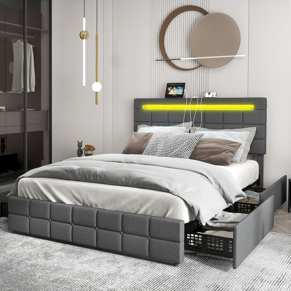 Modern Upholstered Queen LED Bed Frame With Drawers And Headboard Storage Platform Bed With Lights 3