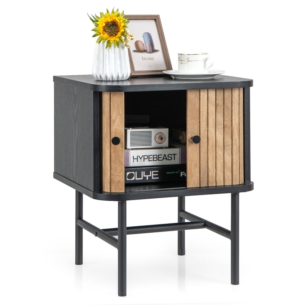Black MidCentury Modern Nightstand With Sliding Door Storage Small Bedside End Table With Cabinet F 6
