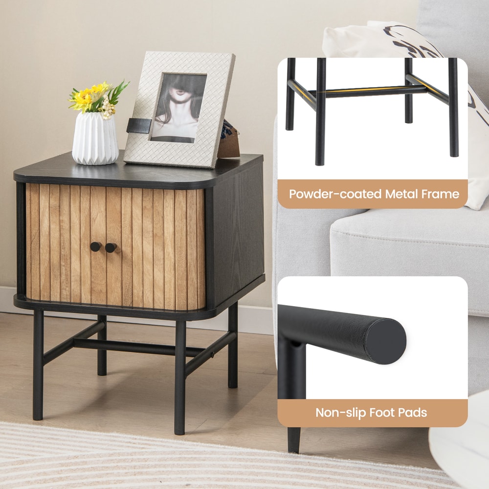 Black MidCentury Modern Nightstand With Sliding Door Storage Small Bedside End Table With Cabinet F 4