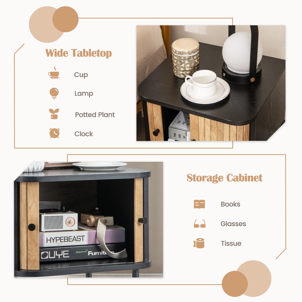 Black MidCentury Modern Nightstand With Sliding Door Storage Small Bedside End Table With Cabinet F 5