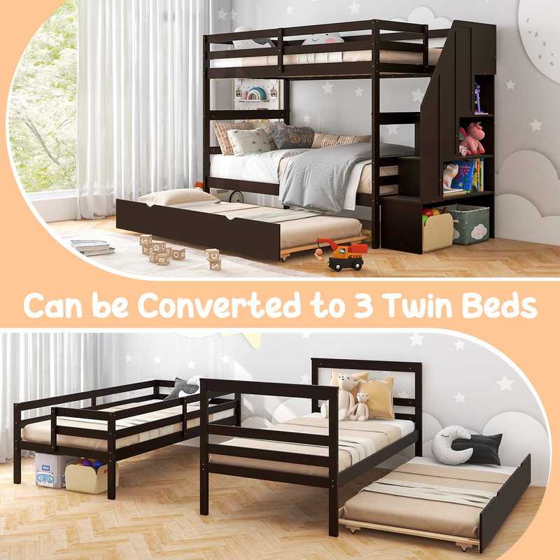 Home Wood Bunk Bed With Trundle Guard Rail And Step Storage Stairs No Box Spring Needed Brown Twin 2