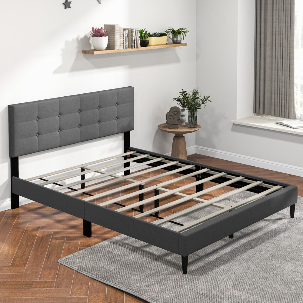 Queen Size Upholstered Platform Bed with Button Headboard and Wood Slat Support, Modern Linen Fabric Frame with Storage