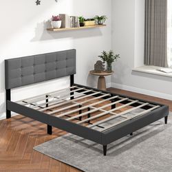 queen size upholstered platform bed with button headboard and wood slat support, modern linen fabric frame with storage