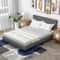 Queen Size Upholstered Platform Bed with Button Headboard and Wood Slat Support, Modern Linen Fabric Frame with Storage