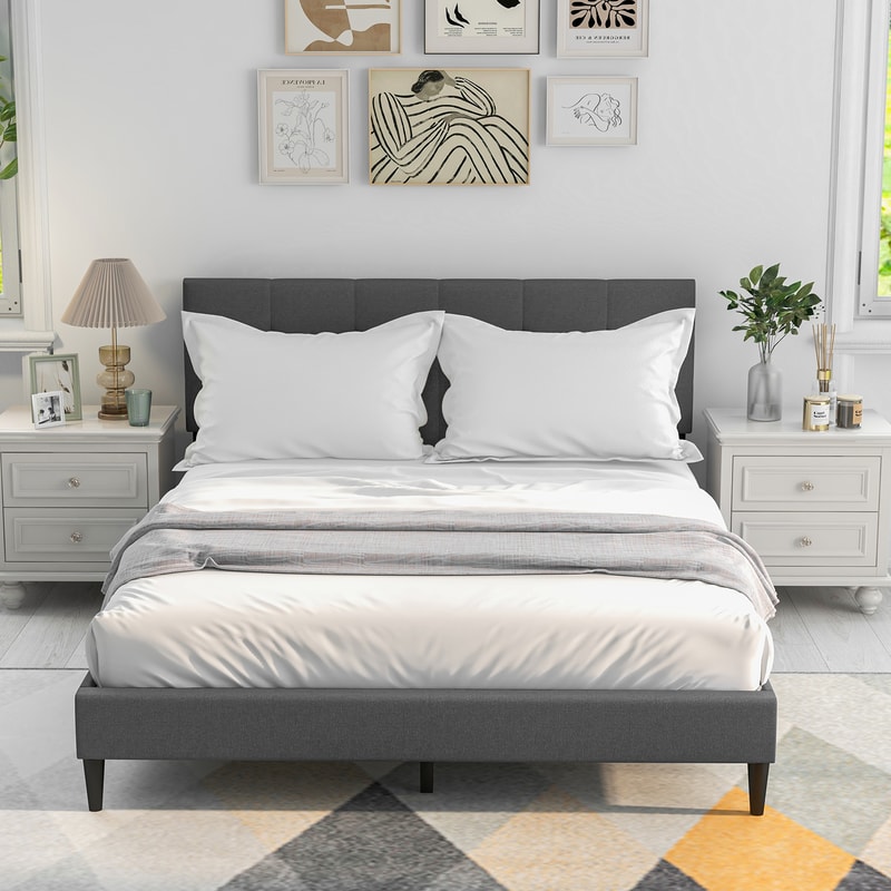 Queen Size Upholstered Platform Bed with Button Headboard and Wood Slat Support, Modern Linen Fabric Frame with Storage