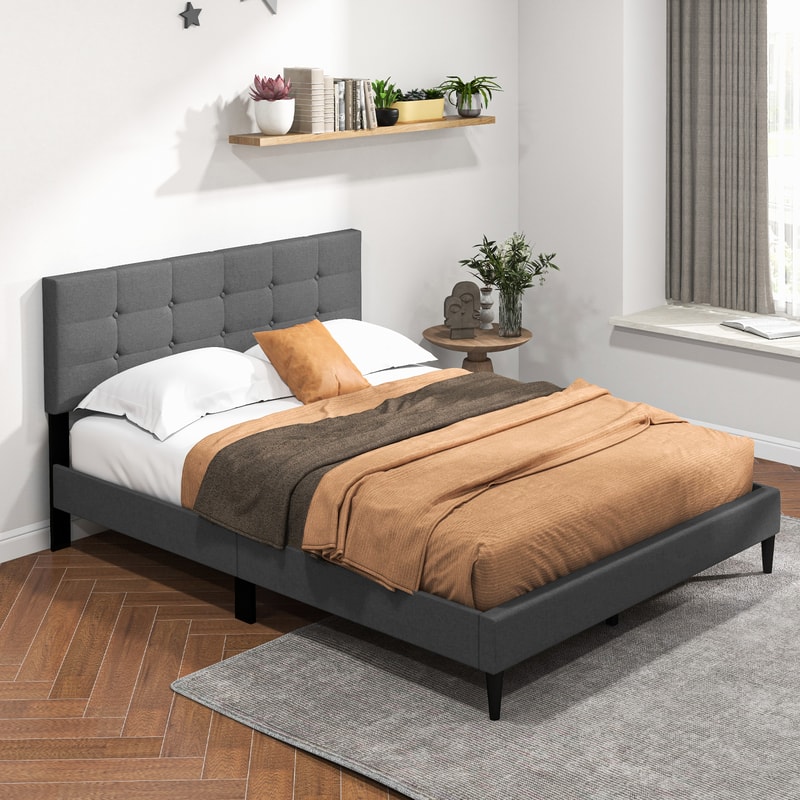 Queen Size Upholstered Platform Bed with Button Headboard and Wood Slat Support, Modern Linen Fabric Frame with Storage