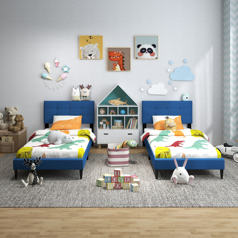 Twin Size Upholstered Platform Bed with Button Tufted Linen Headboard, No Box Spring Needed, Storage Space