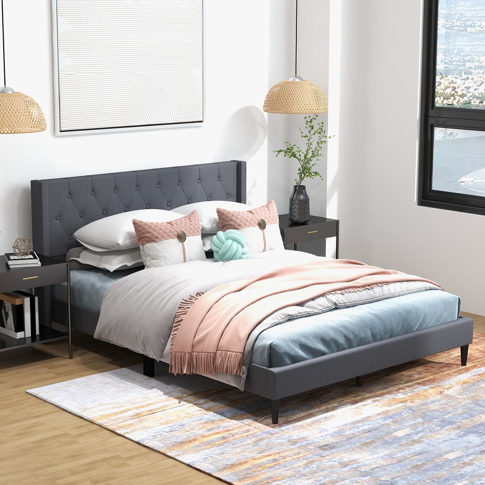 Queen Size Upholstered Platform Bed with Button Tufted Wingback Headboard & Storage – Sturdy Wood Slats,