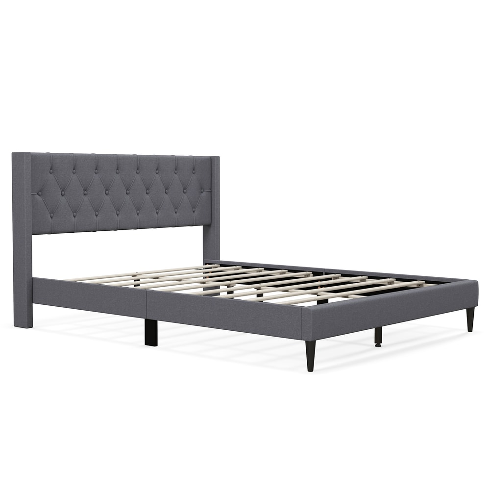 Queen Size Upholstered Platform Bed with Button Tufted Wingback Headboard & Storage – Sturdy Wood Slats,