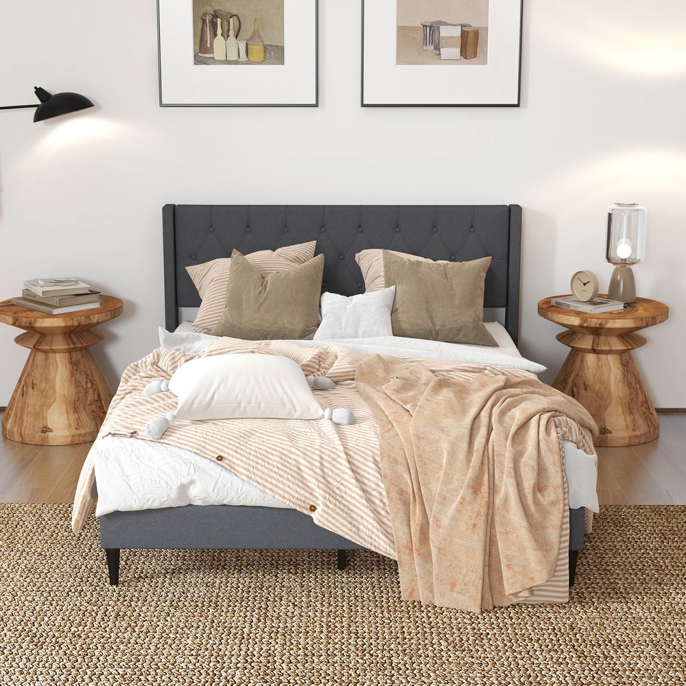 Queen Size Upholstered Platform Bed with Button Tufted Wingback Headboard & Storage – Sturdy Wood Slats,