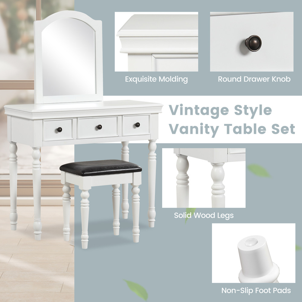 Makeup Vanity Table and Stool Set with Detachable Mirror, 3 Drawers Storage, Vintage Wooden Dressing Desk with Cushioned