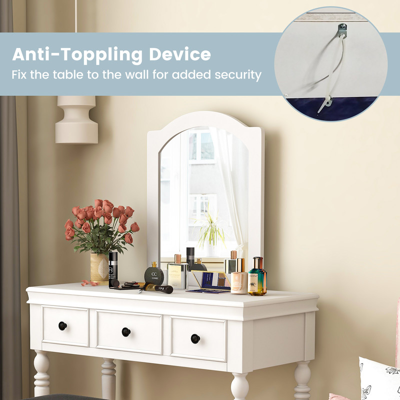 Makeup Vanity Table and Stool Set with Detachable Mirror, 3 Drawers Storage, Vintage Wooden Dressing Desk with Cushioned