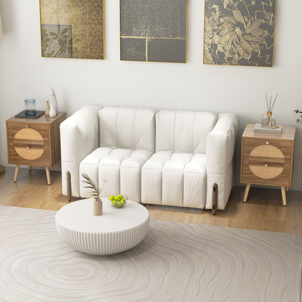 Set of 2 Rattan Nightstands with 2 Drawers and Solid Wood Legs – Modern Boho Bedside Tables for Bedroom & Living Room