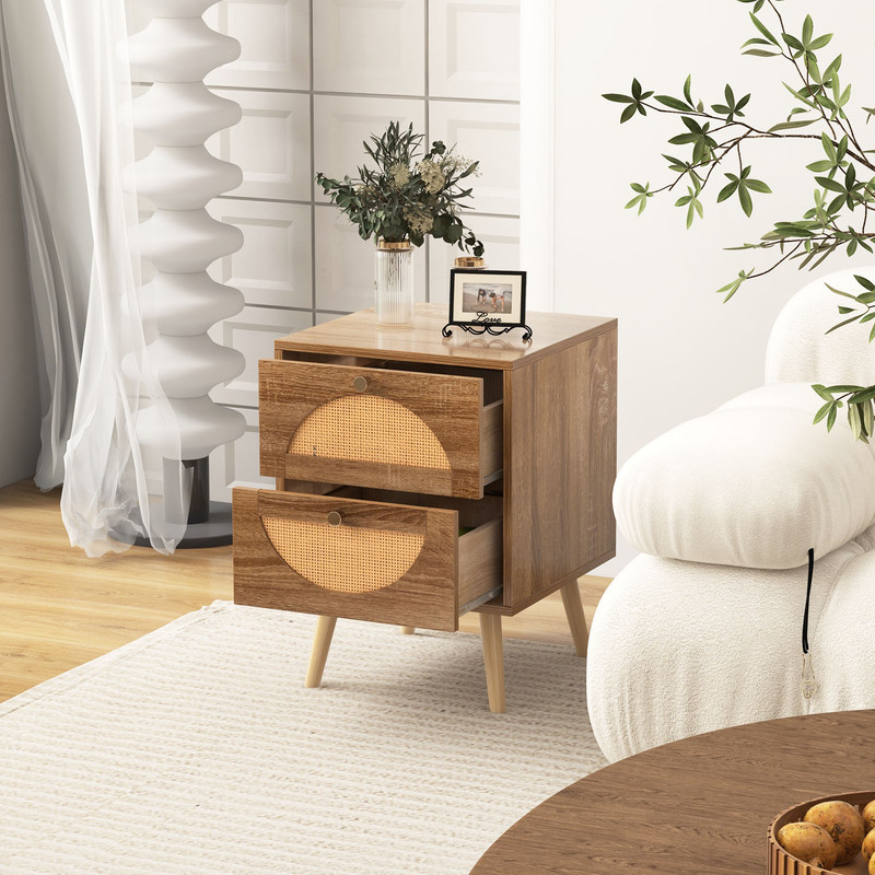 Set of 2 Rattan Nightstands with 2 Drawers and Solid Wood Legs – Modern Boho Bedside Tables for Bedroom & Living Room