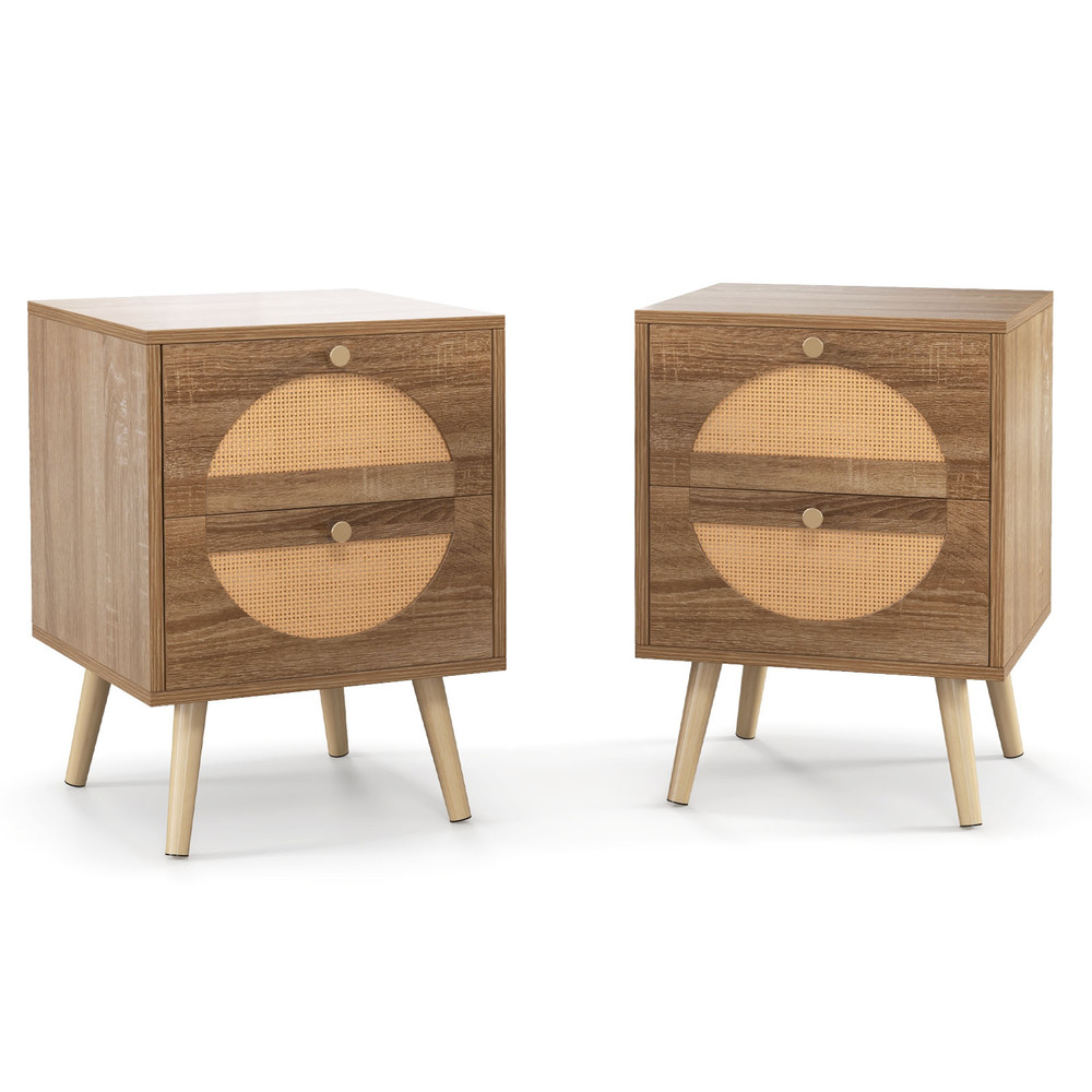Set of 2 Rattan Nightstands with 2 Drawers and Solid Wood Legs – Modern Boho Bedside Tables for Bedroom & Living Room
