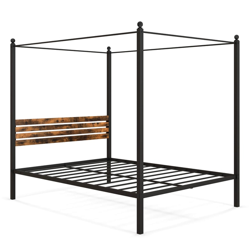 Queen Size Canopy Bed Frame with Under Bed Storage and Rustic Headboard – Metal 4-Post Platform Bed for Modern Bedrooms